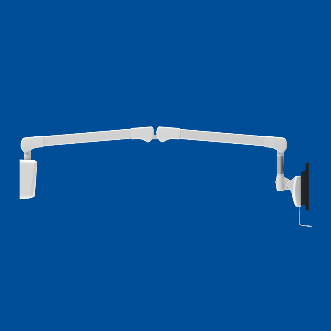 A-frame hospital support arm with integrated cable management for monitor.