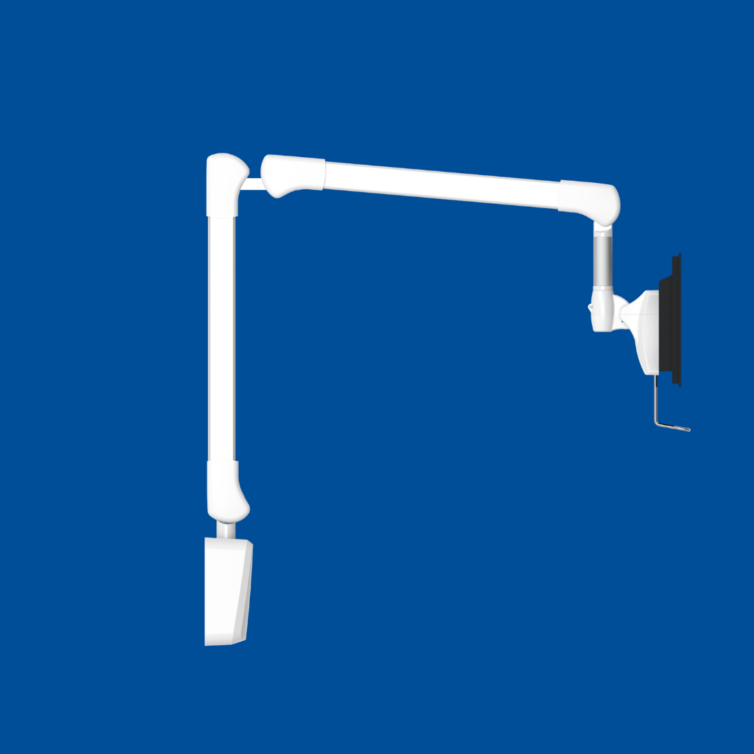 Swiveling A-frame monitor arm positioned over hospital bed.