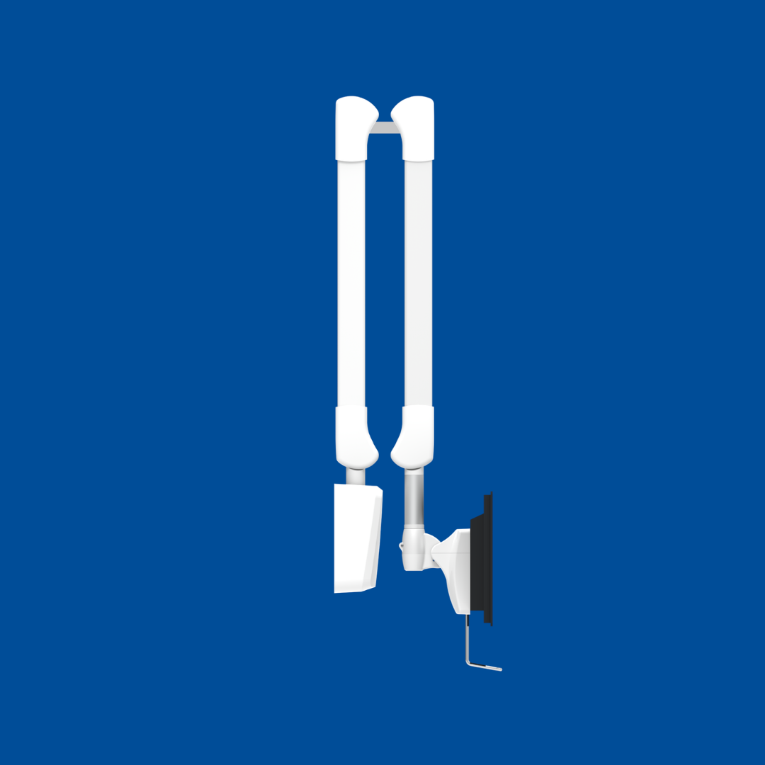 Heavy-duty A-frame medical arm with entertainment screen in hospital room.
