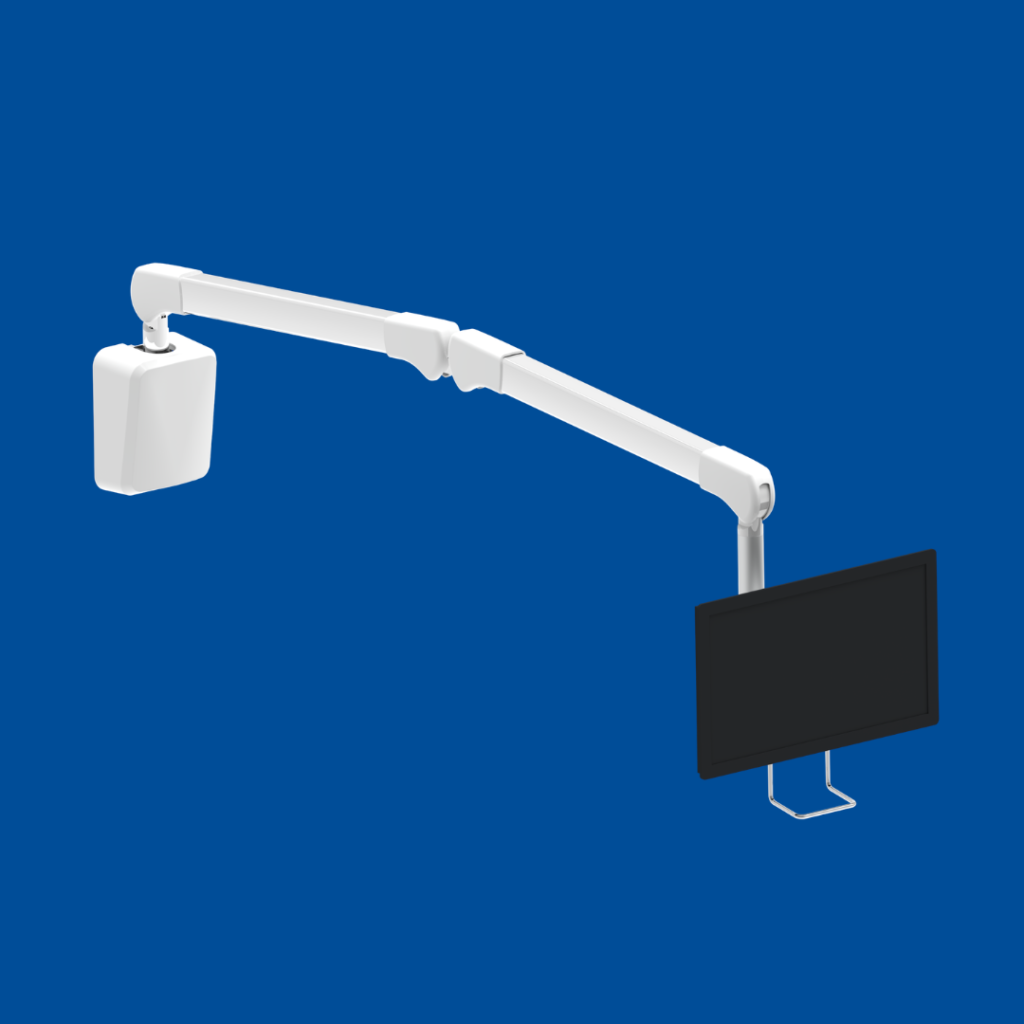 Adjustable A-frame support arm with mounted hospital TV monitor.