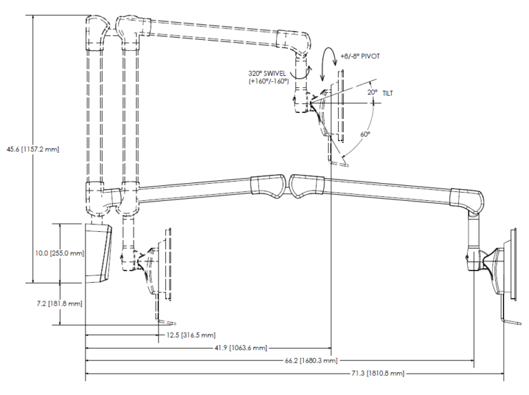 A-Frame Medical Support Arms Dimensions